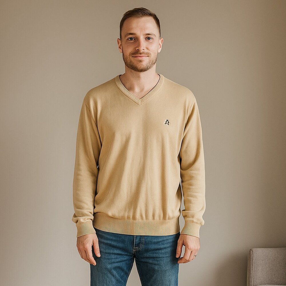 VINTAGE AkademiksY2K Long Sleeve V Neck Beige Men Sweater Logo 2XL Acrylic Blend
